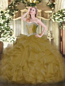  Floor Length Lace Up Ball Gown Prom Dress Brown for Military Ball and Sweet 16 and Quinceanera with Beading and Ruffles