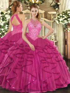  Ball Gowns Quinceanera Gown Hot Pink High-neck Tulle Sleeveless Floor Length Lace Up