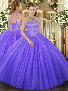 Fantastic Lavender Ball Gowns Halter Top Sleeveless Tulle Floor Length Lace Up Beading and Embroidery Quinceanera Gowns