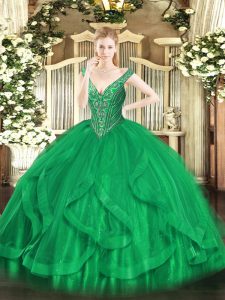 Latest Ball Gowns Quinceanera Gown Green V-neck Tulle Sleeveless Floor Length Lace Up