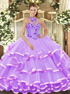  Halter Top Sleeveless Organza Ball Gown Prom Dress Beading and Embroidery and Ruffled Layers Lace Up