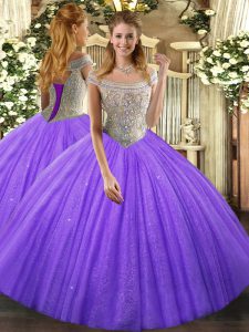  Off The Shoulder Sleeveless Lace Up 15 Quinceanera Dress Lavender Tulle