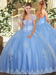 Edgy Ball Gowns Quince Ball Gowns Light Blue Strapless Tulle Sleeveless Floor Length Lace Up