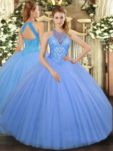  Floor Length Ball Gowns Sleeveless Light Blue Quinceanera Gown Lace Up