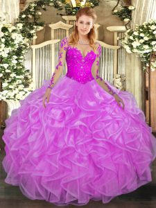 Fancy Lilac Scoop Neckline Lace and Ruffles Sweet 16 Quinceanera Dress Long Sleeves Lace Up