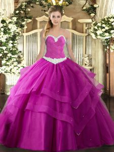  Fuchsia Sleeveless Floor Length Appliques and Ruffled Layers Lace Up Sweet 16 Quinceanera Dress