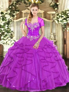 Flirting Sleeveless Tulle Floor Length Lace Up Sweet 16 Dresses in Fuchsia with Beading and Ruffles