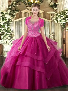  Ball Gowns Vestidos de Quinceanera Hot Pink Scoop Tulle Sleeveless Floor Length Clasp Handle