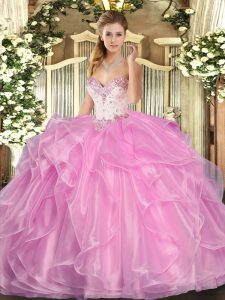  Floor Length Lace Up Vestidos de Quinceanera Rose Pink for Military Ball and Sweet 16 and Quinceanera with Beading and Ruffles