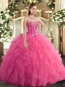 Simple Hot Pink Sleeveless Tulle Lace Up 15th Birthday Dress for Military Ball and Sweet 16 and Quinceanera