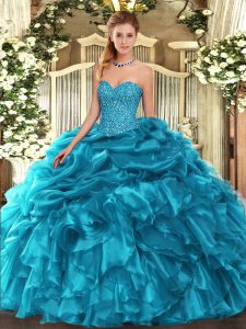  Teal Ball Gowns Organza Sweetheart Sleeveless Beading and Ruffles and Pick Ups Floor Length Lace Up Quinceanera Dresses