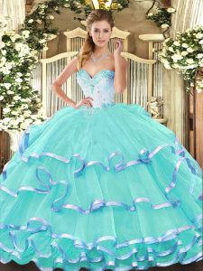 Glittering Sweetheart Sleeveless Quinceanera Dresses Floor Length Beading and Ruffled Layers Turquoise Organza