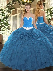 Best Sweetheart Sleeveless Organza 15th Birthday Dress Appliques and Ruffles Lace Up