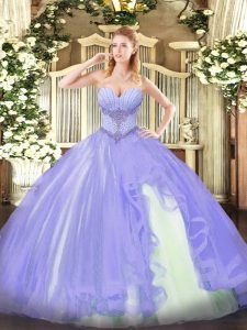Elegant Lavender Lace Up Sweetheart Beading and Ruffles Quinceanera Dress Tulle Sleeveless