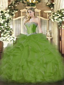  Olive Green Sweet 16 Quinceanera Dress Military Ball and Sweet 16 and Quinceanera with Beading and Ruffles Sweetheart Sleeveless Lace Up