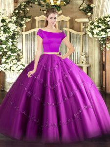 Two Pieces Quinceanera Gowns Fuchsia Off The Shoulder Tulle Short Sleeves Floor Length Zipper
