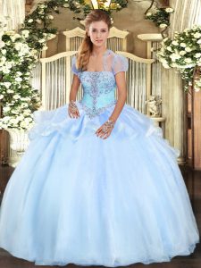 Extravagant Light Blue Ball Gowns Strapless Sleeveless Organza Floor Length Lace Up Appliques Sweet 16 Quinceanera Dress