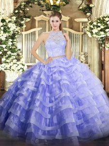 Super Lavender Tulle Zipper Scoop Sleeveless Floor Length Quinceanera Dress Lace and Ruffled Layers
