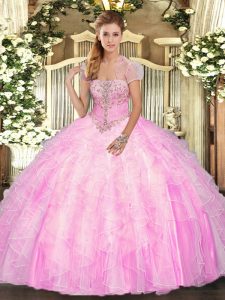  Rose Pink Strapless Lace Up Appliques and Ruffles 15 Quinceanera Dress Sleeveless