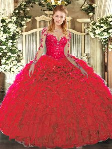 Decent Red Sleeveless Lace and Ruffles Floor Length Quinceanera Gowns