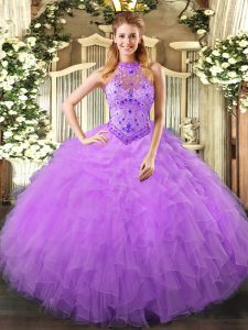  Halter Top Sleeveless Lace Up Quinceanera Gowns Lavender Organza