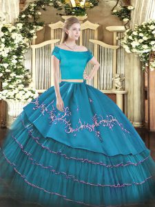 Traditional Teal Sweet 16 Quinceanera Dress Military Ball and Sweet 16 and Quinceanera with Embroidery and Ruffled Layers Off The Shoulder Short Sleeves Zipper