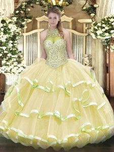  Halter Top Sleeveless Lace Up Sweet 16 Dress Light Yellow Organza and Tulle