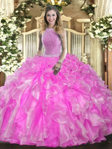 Free and Easy Floor Length Lace Up Quinceanera Dresses Rose Pink for Military Ball and Sweet 16 and Quinceanera with Beading and Ruffles