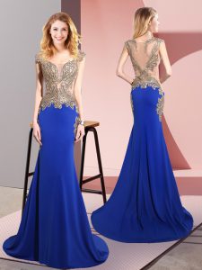 Clearance Elastic Woven Satin Sleeveless Prom Dresses Sweep Train and Beading