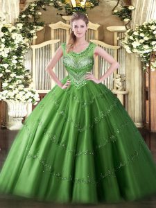  Green Scoop Neckline Beading and Appliques Quinceanera Gowns Sleeveless Lace Up