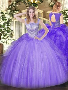 Fantastic Lavender Tulle Lace Up Quinceanera Dresses Sleeveless Floor Length Beading