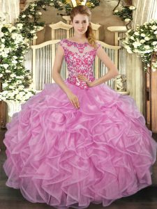  Lilac Ball Gowns Beading and Appliques and Ruffles 15 Quinceanera Dress Lace Up Organza Cap Sleeves Floor Length