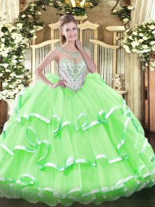 Fashion Floor Length Zipper Ball Gown Prom Dress for Military Ball and Sweet 16 and Quinceanera with Beading and Ruffled Layers