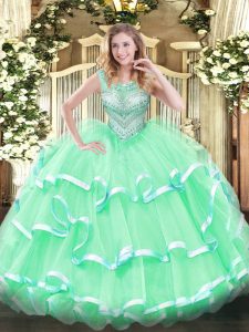 Pretty Apple Green Sleeveless Beading and Ruffles Floor Length Quinceanera Dress