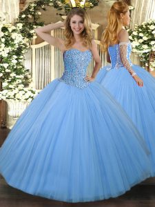 Beauteous Aqua Blue Ball Gowns Sweetheart Sleeveless Tulle Floor Length Lace Up Beading Quince Ball Gowns