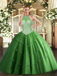 Edgy Green Sleeveless Tulle Lace Up Sweet 16 Dress for Military Ball and Sweet 16 and Quinceanera