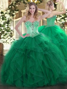 Customized Organza Sweetheart Sleeveless Lace Up Beading and Ruffles Sweet 16 Dresses in Dark Green