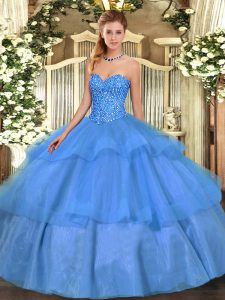  Baby Blue Lace Up Sweet 16 Quinceanera Dress Beading and Ruffled Layers Sleeveless Floor Length