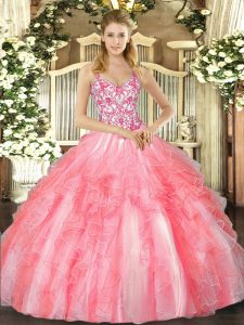Custom Made Coral Red Lace Up Straps Beading and Ruffles Quinceanera Gown Tulle Sleeveless