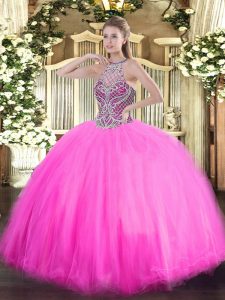 Popular Rose Pink Ball Gowns Halter Top Sleeveless Tulle Floor Length Lace Up Beading Sweet 16 Quinceanera Dress