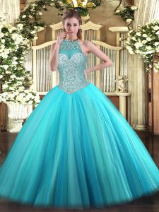  Aqua Blue Tulle Lace Up Quince Ball Gowns Sleeveless Floor Length Beading