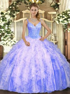 Fabulous Lavender Tulle Lace Up V-neck Sleeveless Floor Length Vestidos de Quinceanera Beading and Ruffles
