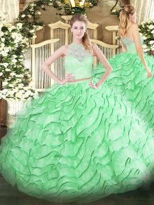 Discount Apple Green Two Pieces Tulle Scoop Sleeveless Lace and Ruffles Zipper Quinceanera Gowns Brush Train