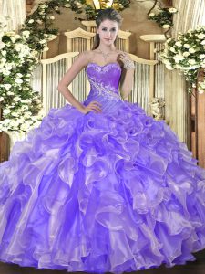 Elegant Lavender Sweetheart Neckline Beading and Ruffles 15th Birthday Dress Sleeveless Lace Up