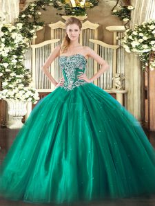 Ball Gowns Quinceanera Dress Turquoise Strapless Tulle Sleeveless Floor Length Lace Up