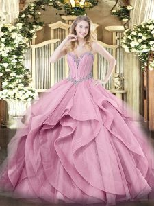 Deluxe Pink Ball Gowns Beading and Ruffles Quinceanera Dress Lace Up Tulle Sleeveless Floor Length