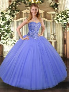  Floor Length Lace Up 15 Quinceanera Dress Blue for Military Ball and Sweet 16 and Quinceanera with Beading