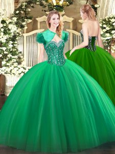 Best Selling Turquoise Ball Gowns Sweetheart Sleeveless Tulle Floor Length Lace Up Beading Quince Ball Gowns