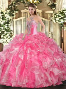 Adorable Floor Length Lace Up Quinceanera Gown Rose Pink for Military Ball and Sweet 16 and Quinceanera with Beading and Ruffles