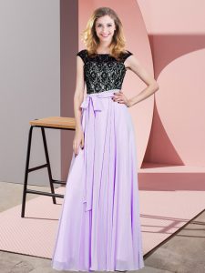 Ideal Chiffon Scoop Sleeveless Lace Up Lace and Belt Prom Dress in Lavender